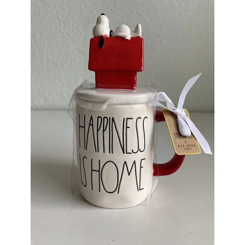 Rae Dunn Peanuts Happiness Is Home Snoopy Doghouse Mug With Topper Ceramic Cup